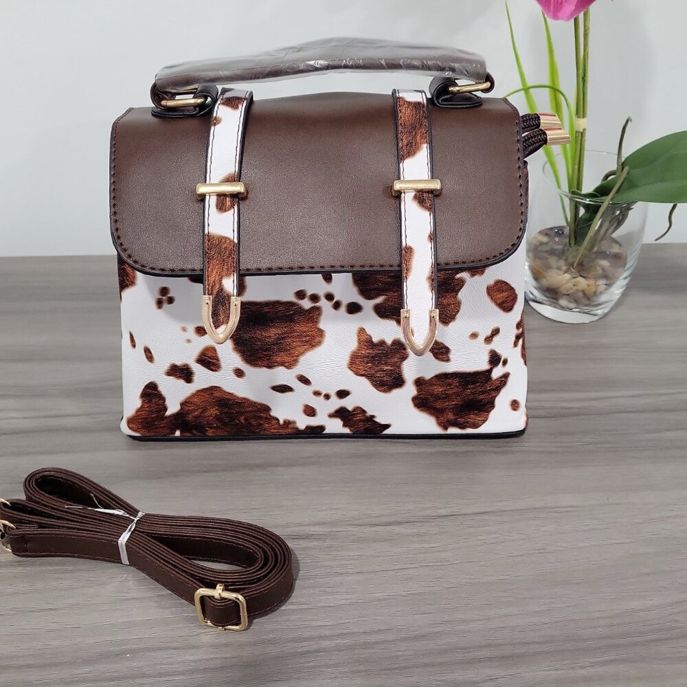 Brown Cow Print Vegan Leather Satchel Crossbody Bag - Picture 4 of 6